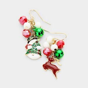 Pierced 2" gold, green, red and white bead Snowman and Reindeer dangle earrings